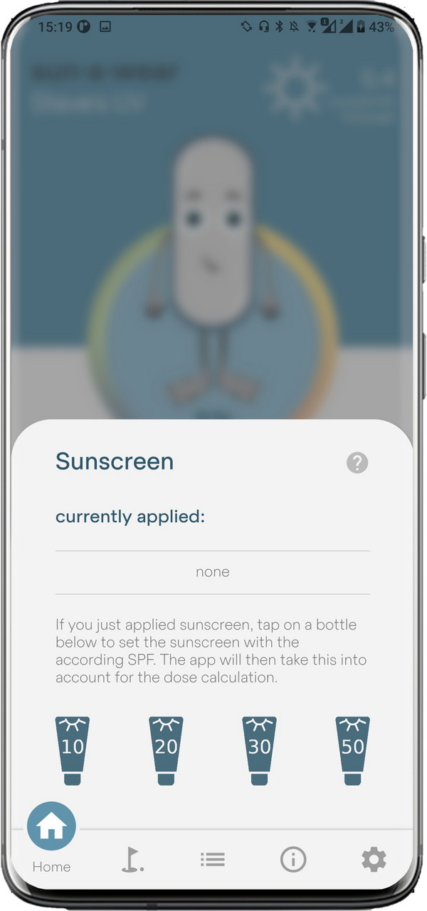 sun-a-wear mobile app screenshot showing currently applied sunscreen choice (spf 10 to spf 50)